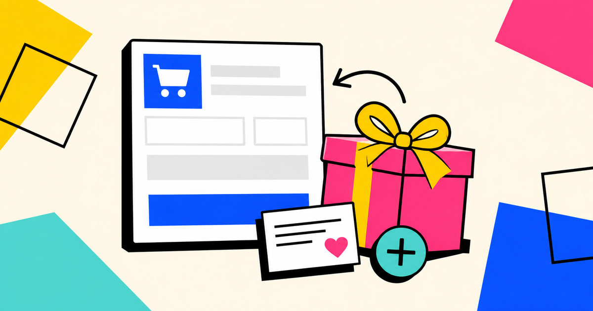 Illustrated WooCommerce checkout card with gift wrap, message and paid add-on symbols
