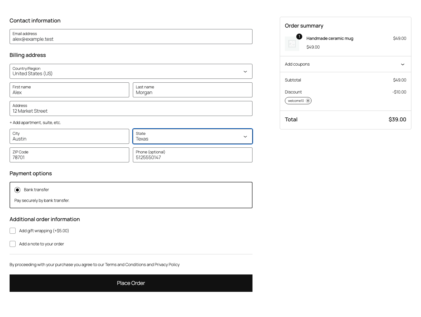 WooCommerce Checkout Blocks showing the WELCOME10 coupon applied to a first order.