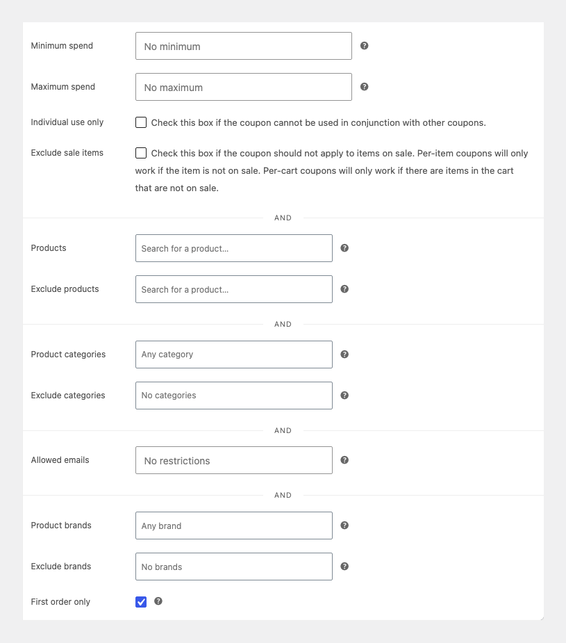WooCommerce coupon Usage restriction panel with First order only enabled.