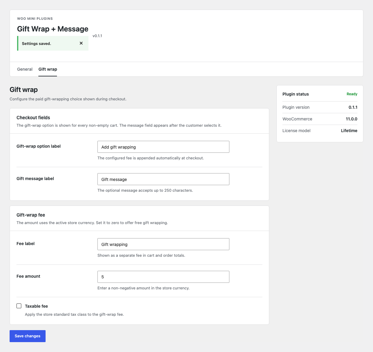 Gift Wrap and Message settings showing checkout labels, fee amount and taxable fee option.