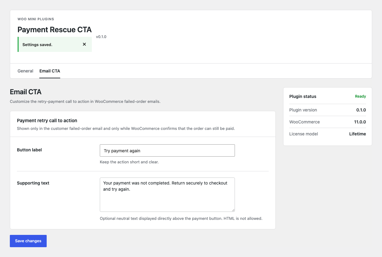 Payment Rescue CTA settings showing the retry button label and supporting text.