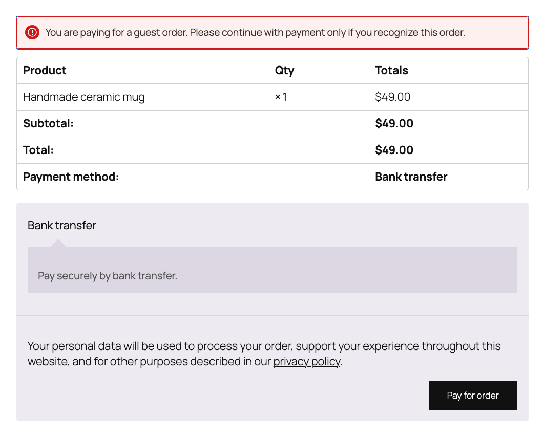 WooCommerce secure guest order-pay screen with order totals and a Pay for order button.